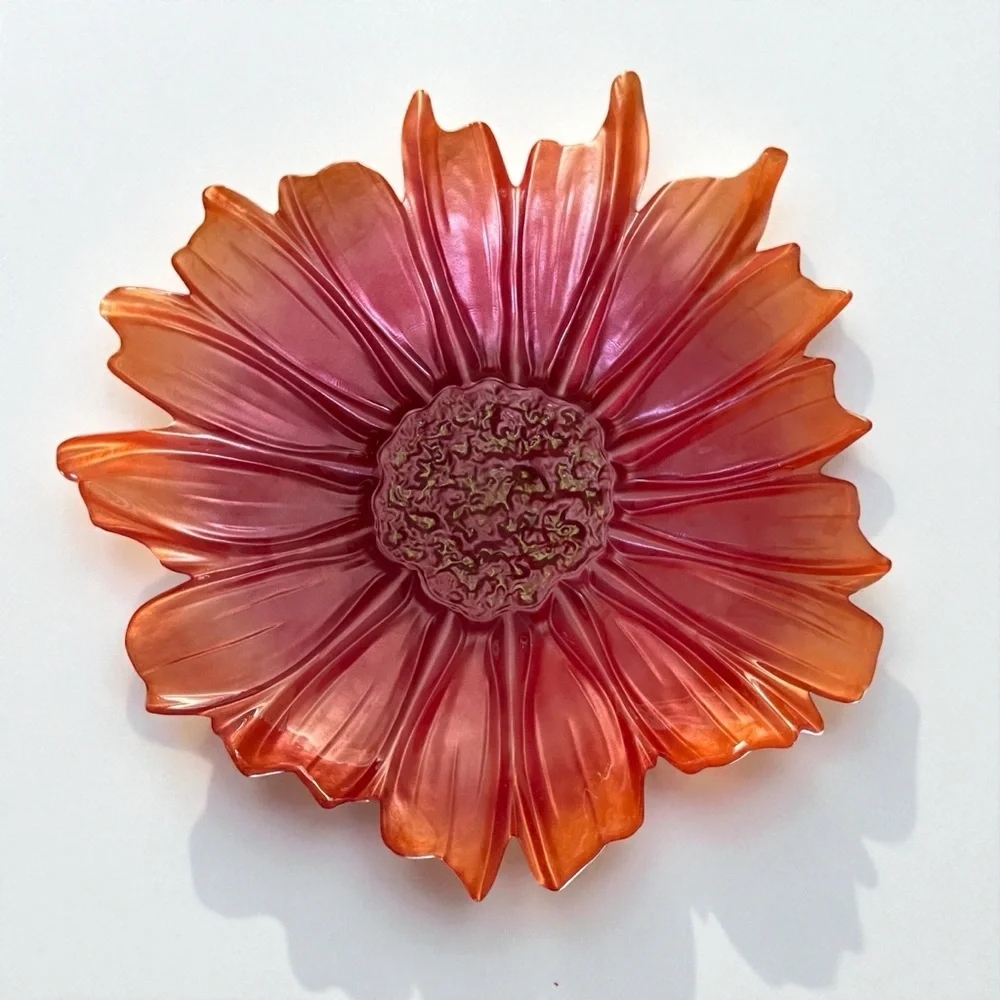 Vtg Iridescent Pink Gold Daisy Flower Frosted Bowl 15
